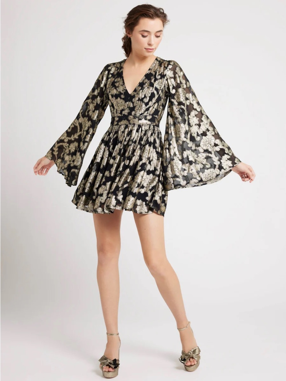Millie Metallic Black & Gold Floral V-Neck Mini Dress